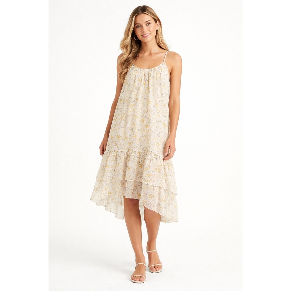J.Crew Beachwear Floral Print Tiered Ruffle Midi Dress S White Yellow Resortwear